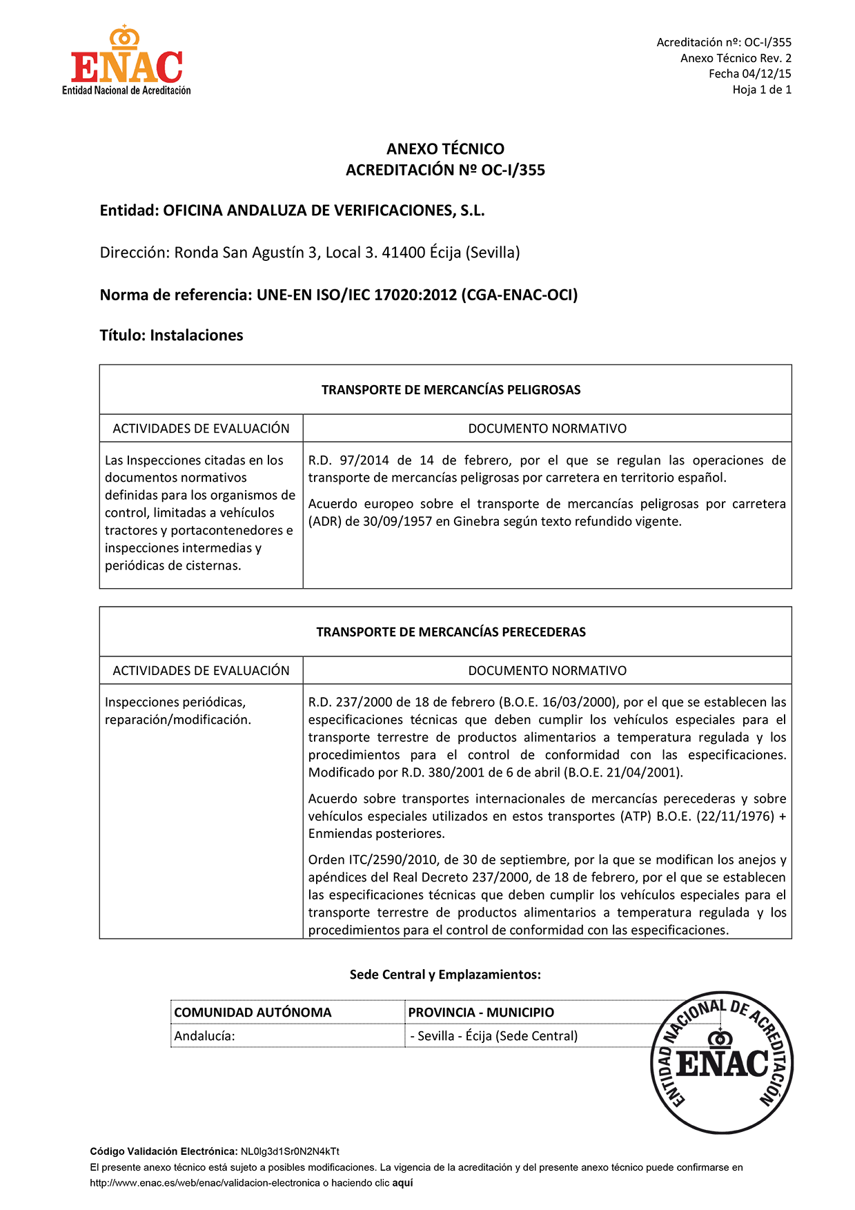 ACREDITACIÓN ENAC Oficina Andaluza de Verificaciones ACREDITACIÓN ENAC Oficina Andaluza de Verificaciones